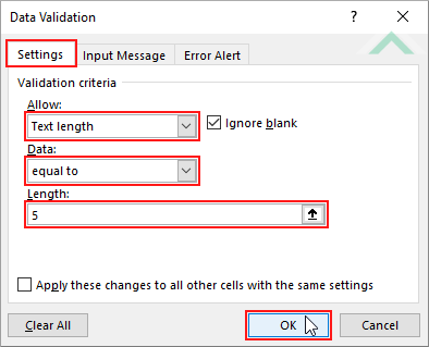 Select Settings tab, select Text length, select equal to, enter a number and click OK
