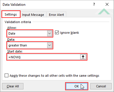 Select Settings tab, select Date, select greater than, enter NOW() and click OK