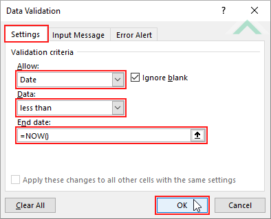Select Settings tab, select Date, select less than, enter NOW() and click OK