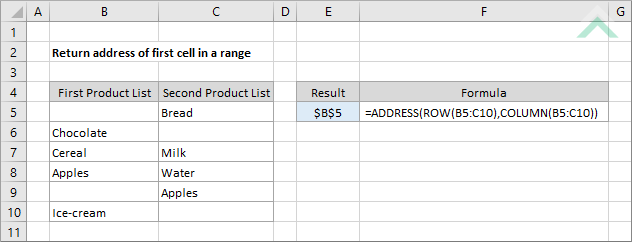 Return address of first cell in a range