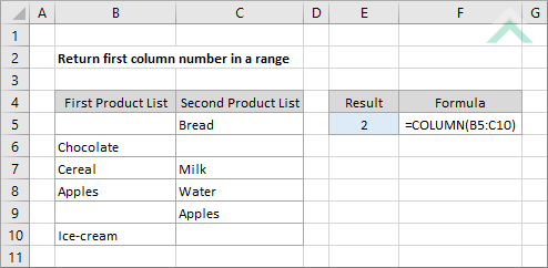 Return first column number in a range