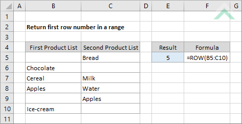 Return first row number in a range