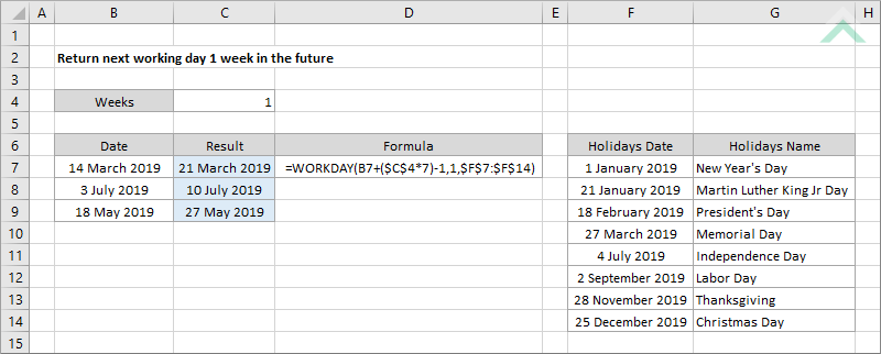 Return next working day 1 week in the future