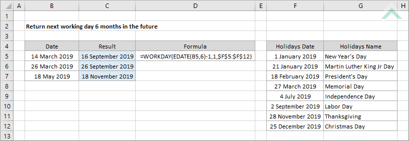 Return next working day 6 months in the future