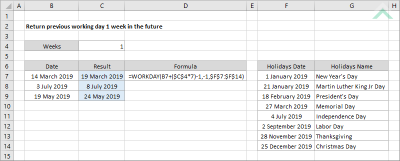 Return previous working day 1 week in the future