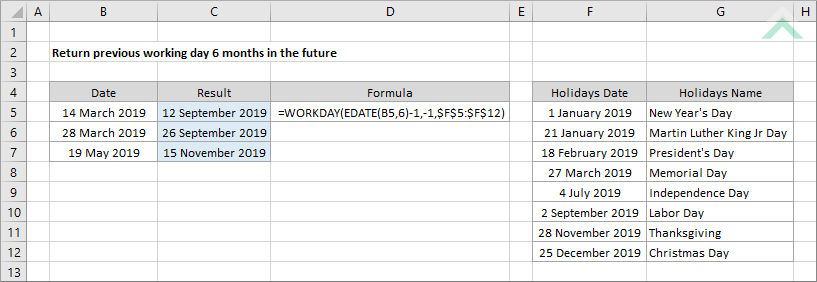 Return previous working day 6 months in the future