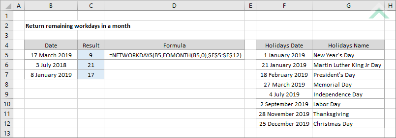 Return remaining workdays in a month