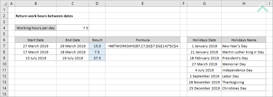 Return work hours between dates