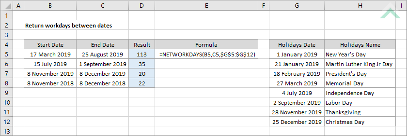 Return workdays between dates