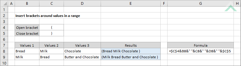 Insert brackets around values in a range