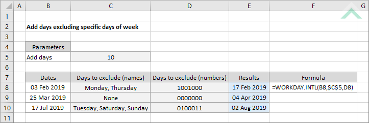 Add days excluding specific days of week