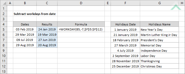 Subtract workdays from date