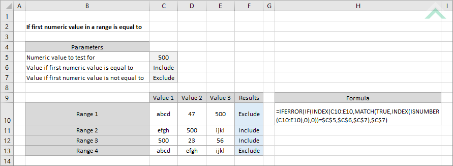 If first numeric value in a range is equal to