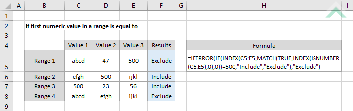 If first numeric value in a range is equal to