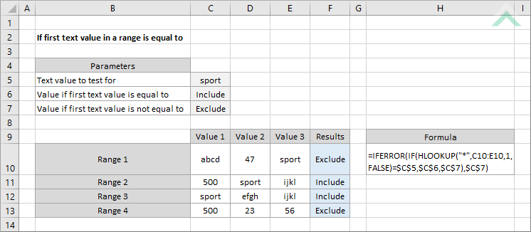 If first text value in a range is equal to