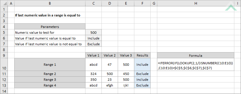 If last numeric value in a range is equal to