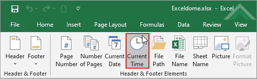 Click on Current Time in Header & Footer Elements group