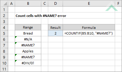 Count cells with #NAME error