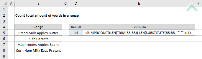 Count total amount of words in a range