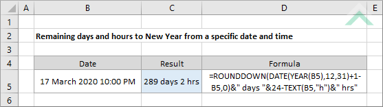 Remaining days and hours to New Year from a specific date and time