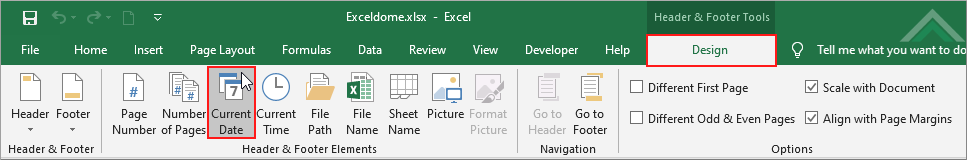 Select Design tab and click Current Date in Header & Footer Elements group