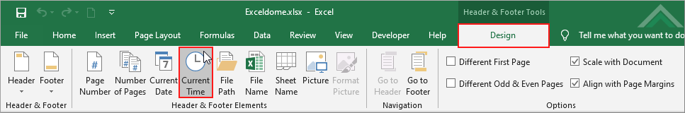 Select Design tab and click Current Time in Header & Footer Elements group
