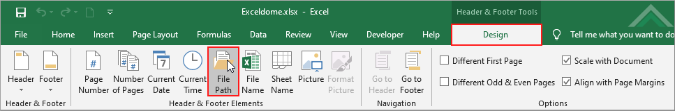 Select Design tab and click File Path in Header & Footer Elements group