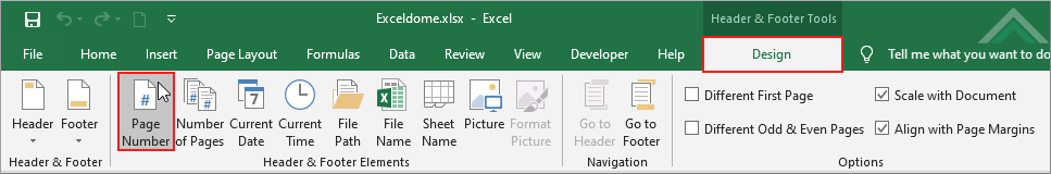 Select Design tab and click Page Number in Header & Footer Elements group