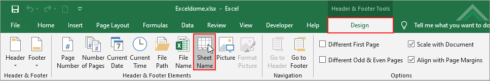 Select Design tab and click Sheet Name in Header & Footer Elements group