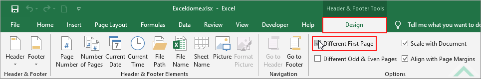 Select Design tab, click Different First Page in Options group