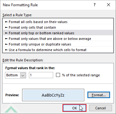 Click OK in New Formatting Rule - lowest number
